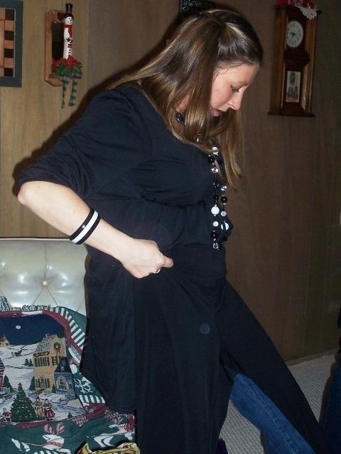 100_3422.JPG - Misty checking out the new maternity pants!