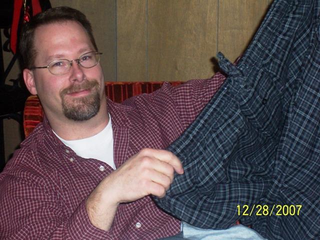 100_3424.JPG - Don ready to relax with new pajama pants.