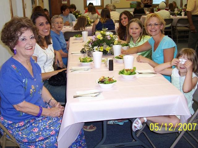 100_2736.JPG - Mother's Day banquet at New Salem Assembly.  Sharon, Gina, Annabelle, Robin, Kaitlyn, Joy, and Sydney.