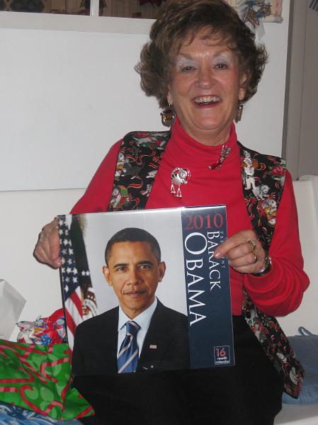 IMG_1226.JPG - Don and Joy surprised Nana with an Obama calendar.  ("Surprise" is an understatement!!)
