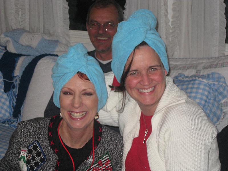 IMG_1279.JPG - Pam and Dara model the towel-turbans they received.  (Kind of reminds me of Lucy Ricardo and Ethel Mertz...)